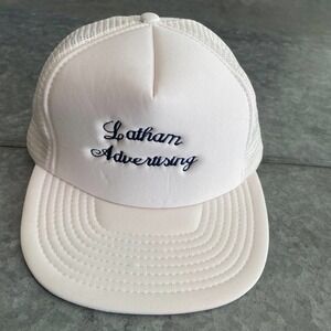 Vintage Latham Advertising Script Embroidered Snapback Hat White Blue Retro Dad